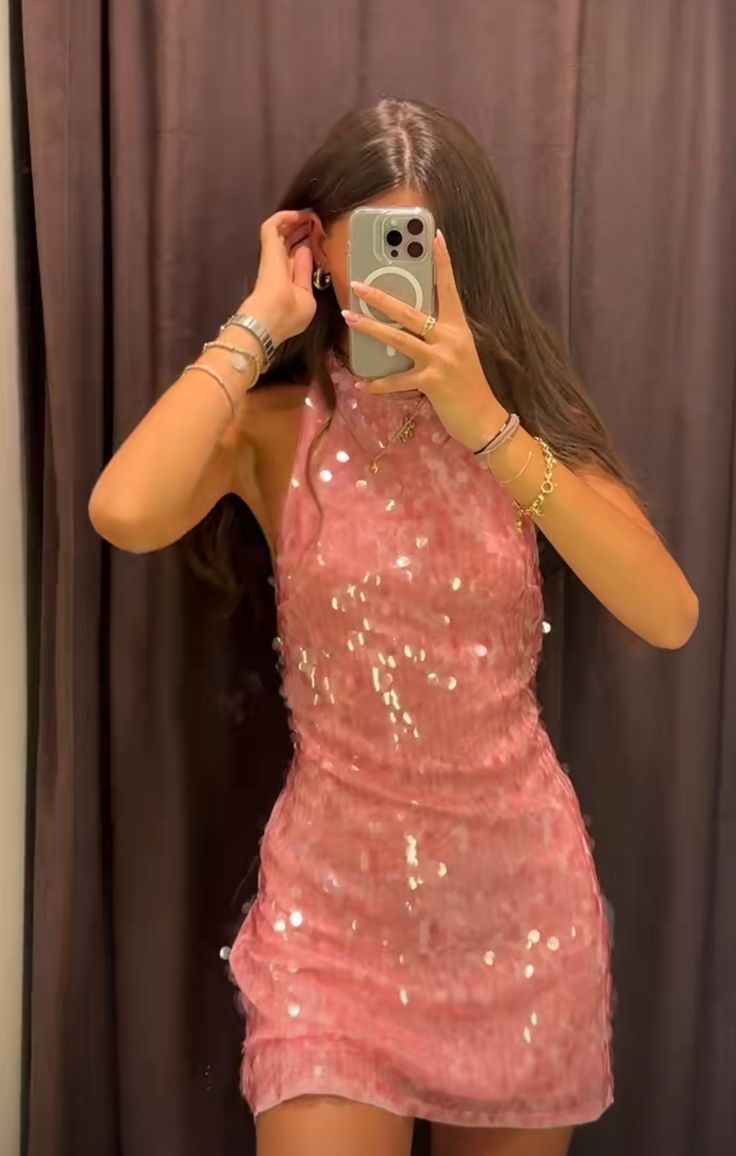 Modest A Line High Neck Pink Sequin Formal Homecoming Dresses 18th Birthday Outfits Graduation Dress Short Mini Hoco Dresses DH2522