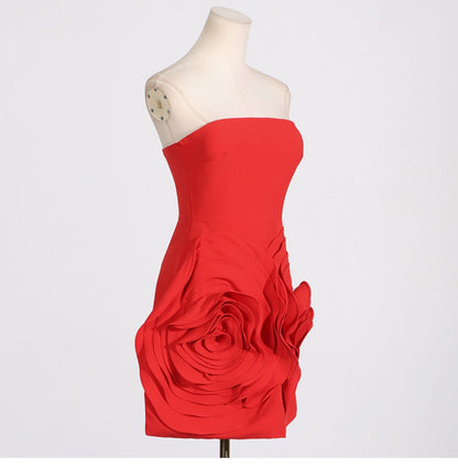 Cute A Line Strapless Red Satin Formal Homecoming Dresses 18th Birthday Outfits Graduation Dress Short Mini Hoco Dresses DH2535