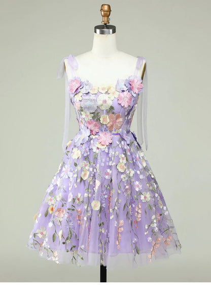 Cute A Line Spaghetti Straps Lilac Tulle Lace Formal Homecoming Dresses 18th Birthday Outfits Graduation Dress Short Mini Hoco Dresses DH2538