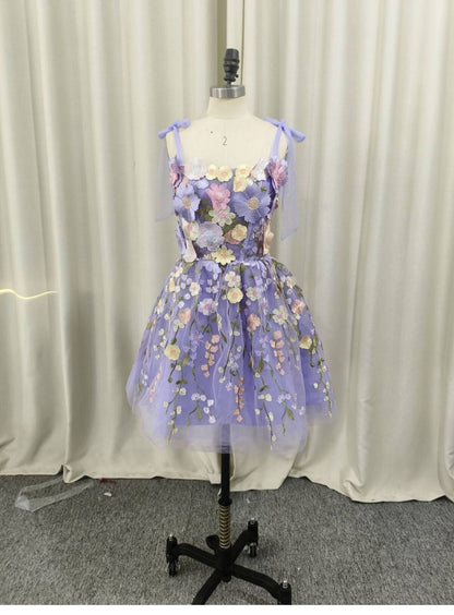 Cute A Line Spaghetti Straps Lilac Tulle Lace Formal Homecoming Dresses 18th Birthday Outfits Graduation Dress Short Mini Hoco Dresses DH2538