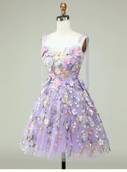 Cute A Line Spaghetti Straps Lilac Tulle Lace Formal Homecoming Dresses 18th Birthday Outfits Graduation Dress Short Mini Hoco Dresses DH2538