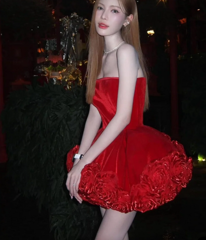 Sexy Ball Gown Strapless Red Satin Formal Homecoming Dresses 18th Birthday Outfits Graduation Dress Short Mini Hoco Dresses DH2544