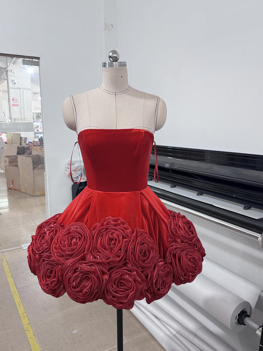 Sexy Ball Gown Strapless Red Satin Formal Homecoming Dresses 18th Birthday Outfits Graduation Dress Short Mini Hoco Dresses DH2544