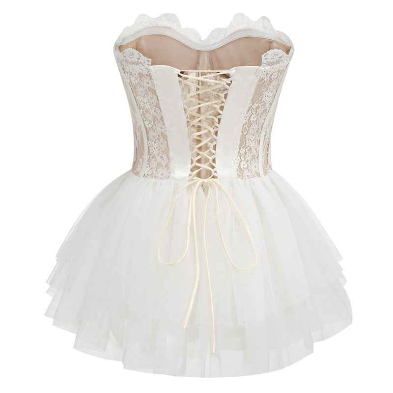 Sexy A line Strapless Lace White Formal Homecoming Dresses 18th Birthday Outfits Graduation Dress Short Mini Hoco Dresses DH2551