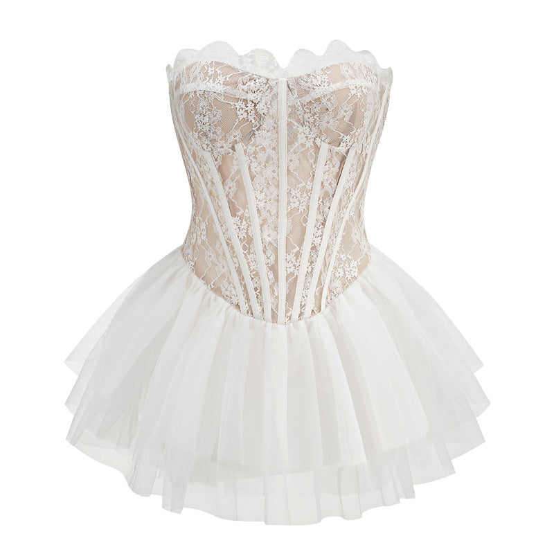 Sexy A line Strapless Lace White Formal Homecoming Dresses 18th Birthday Outfits Graduation Dress Short Mini Hoco Dresses DH2551