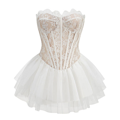 Sexy A line Strapless Lace White Formal Homecoming Dresses 18th Birthday Outfits Graduation Dress Short Mini Hoco Dresses DH2551