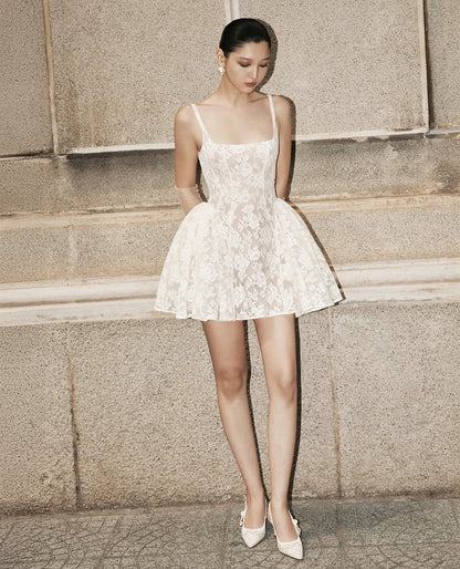 Cute Ball Gown Square White Lace Short Mini Formal 8th Grade Homecoming Dresses Middle School Cocktail Dress Hoco Outfits DH2554