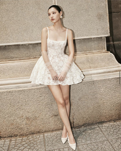 Cute Ball Gown Square White Lace Short Mini Formal 8th Grade Homecoming Dresses Middle School Cocktail Dress Hoco Outfits DH2554