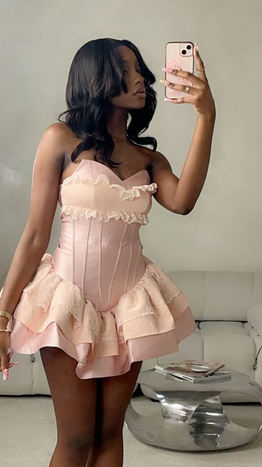 Cute Ball Gown Sweetheart Pink Satin Lace Short Formal 8th Grade Homecoming Dresses Middle School Cocktail Dress Hoco Outfits DH2570