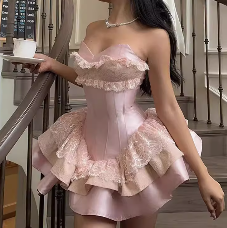 Princess Ball Gown Sweetheart Pink Satin Lace Short Formal 8th Grade Homecoming Dresses Middle School Cocktail Dress Hoco Outfits DH2597