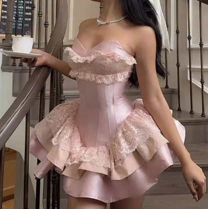 Princess Ball Gown Sweetheart Pink Satin Lace Short Formal 8th Grade Homecoming Dresses Middle School Cocktail Dress Hoco Outfits DH2597