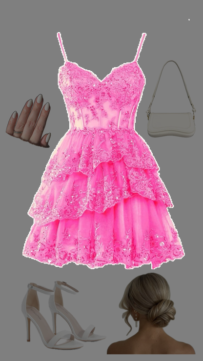 Unique A line Spaghetti Straps Pink Lace Formal Homecoming Dresses 8th Grad Dance Graduation Dress Short Hoco Dresses DH2616