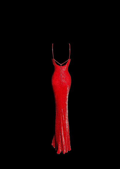 Vintage Mermaid Spaghetti Straps Red Sequin Long Prom Dresses Party Dress 18th Birthday Outfits Graduation Dresses DH2645
