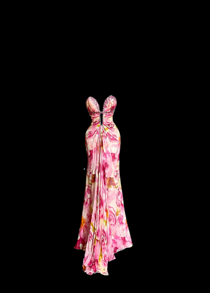 Vintage Mermaid Sweetheart Pink Chiffon Floral Backless Long Prom Dresses Party Dress 18th Birthday Outfits Graduation Dresses DH2646