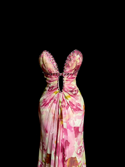 Vintage Mermaid Sweetheart Pink Chiffon Floral Backless Long Prom Dresses Party Dress 18th Birthday Outfits Graduation Dresses DH2646