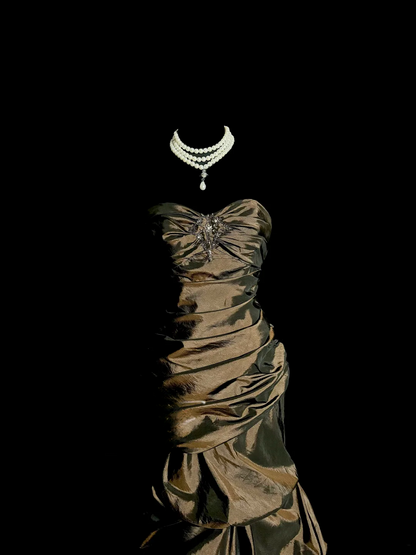 Vintage Mermaid Sweetheart Olive Green Taffeta Long Puffy Skirt Long Prom Dresses Party Dress 21st Birthday Outfits Graduation Dresses DH2648