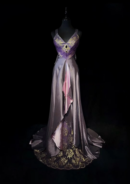 Vintage A Line V Neck Grape Sleeveless Satin Long Prom Dresses Party Dress 18th Birthday Outfits Graduation Dresses DH2652