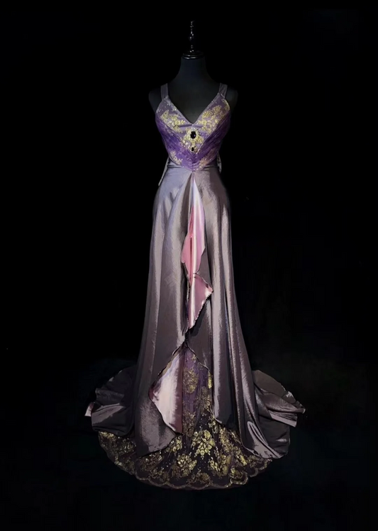 Vintage A Line V Neck Grape Sleeveless Satin Long Prom Dresses Party Dress 18th Birthday Outfits Graduation Dresses DH2652