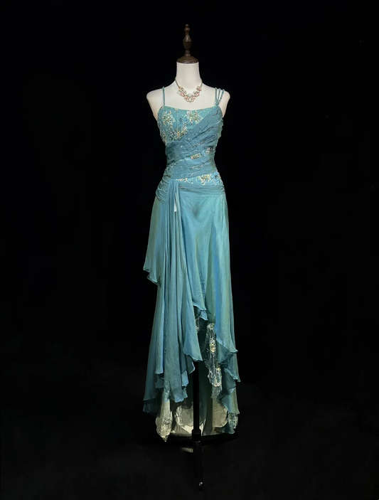 Vintage A Line Spaghetti Straps Blue Sleeveless Chiffon Long Prom Dresses Party Dress 18th Birthday Outfits Graduation Dresses DH2654