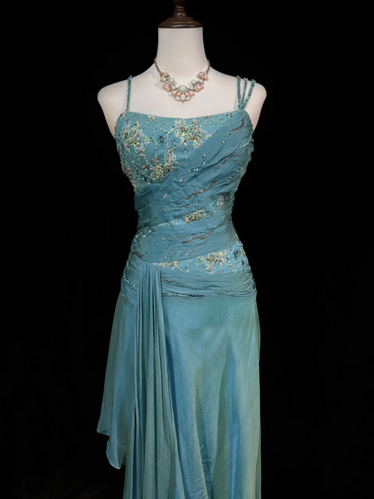 Vintage A Line Spaghetti Straps Blue Sleeveless Chiffon Long Prom Dresses Party Dress 18th Birthday Outfits Graduation Dresses DH2654