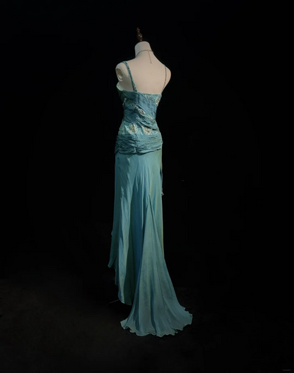 Vintage A Line Spaghetti Straps Blue Sleeveless Chiffon Long Prom Dresses Party Dress 18th Birthday Outfits Graduation Dresses DH2654