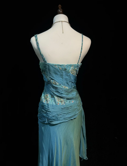 Vintage A Line Spaghetti Straps Blue Sleeveless Chiffon Long Prom Dresses Party Dress 18th Birthday Outfits Graduation Dresses DH2654