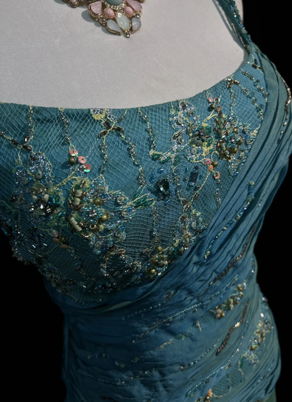 Vintage A Line Spaghetti Straps Blue Sleeveless Chiffon Long Prom Dresses Party Dress 18th Birthday Outfits Graduation Dresses DH2654