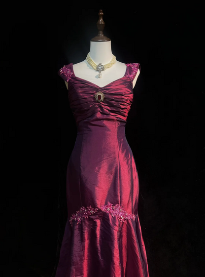 Retro Mermaid Sweetheart Burgundy Sleeveless Taffeta Long Prom Dresses Party Dress 18th Birthday Outfits Graduation Dresses DH2655