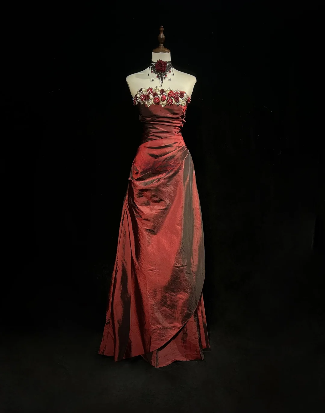 Retro A Line Strapless Burgundy Sleeveless Taffeta Long Flowers Prom Dresses Party Dress 18th Birthday Outfits Graduation Dresses DH2656