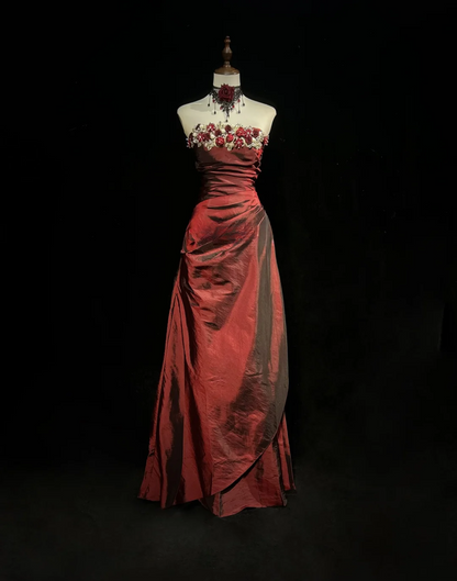 Retro A Line Strapless Burgundy Sleeveless Taffeta Long Flowers Prom Dresses Party Dress 18th Birthday Outfits Graduation Dresses DH2656