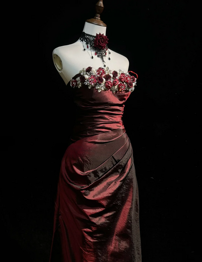 Retro A Line Strapless Burgundy Sleeveless Taffeta Long Flowers Prom Dresses Party Dress 18th Birthday Outfits Graduation Dresses DH2656