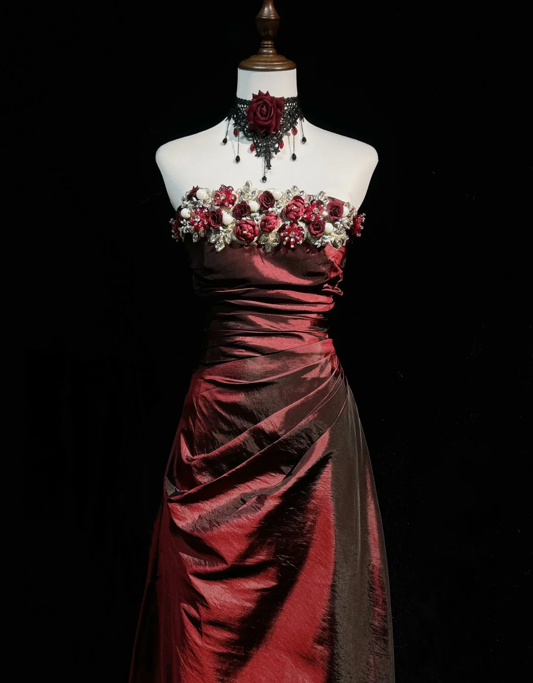 Retro A Line Strapless Burgundy Sleeveless Taffeta Long Flowers Prom Dresses Party Dress 18th Birthday Outfits Graduation Dresses DH2656