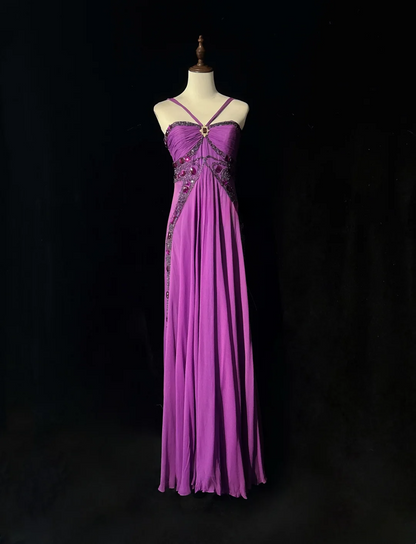Retro A Line Halter Grape Chiffon Sleeveless With Beads Long Flowers Prom Dresses Party Dress 21st Birthday Outfits Graduation Dresses DH2658