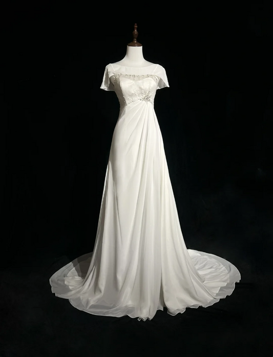 Vintage Bridal Dress A Line Scoop Short Sleeves White Silver Beads Long Wedding Dress Retro Wedding Dresses Modest Wedding Gowns DH2659