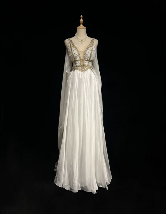 Retro A Line V Neck White Chiffon With Silver Gold Beads Long Flowers Prom Dresses Party Dress 21st Birthday Outfits Prom Gowns DH2662