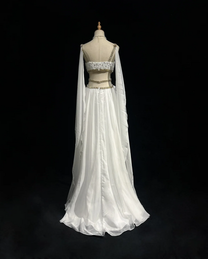 Retro A Line V Neck White Chiffon With Silver Gold Beads Long Flowers Prom Dresses Party Dress 21st Birthday Outfits Prom Gowns DH2662