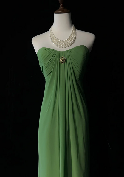 Retro A Line Sweetheart Green Chiffon Sleeveless Pleated Long Prom Dresses Party Dress 21st Birthday Outfits Graduation Dresses DH2668