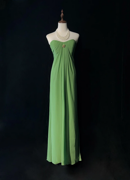 Retro A Line Sweetheart Green Chiffon Sleeveless Pleated Long Prom Dresses Party Dress 21st Birthday Outfits Graduation Dresses DH2668