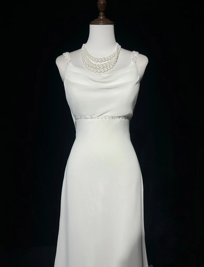 Vintage Bridal Dress Mermaid Spaghetti Straps Backless Chiffon White Beads Long Wedding Dress Retro Wedding Dresses Modest Wedding Gowns DH2669