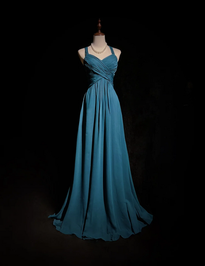 Retro A Line Halter Sleeveless Chiffon Pleated Long Prom Dresses Party Dress 21st Birthday Outfits Graduation Dresses DH2670