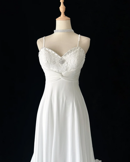 Vintage Bridal Dress A Line Spaghetti Straps Chiffon White Long Wedding Dress Retro Wedding Dresses Modest Wedding Gowns DH2675