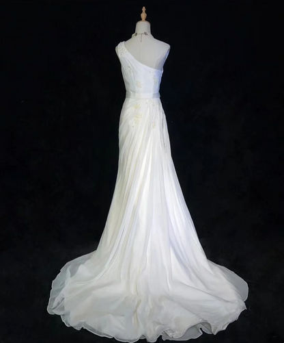 Vintage Bridal Dress Mermaid One Shoulder Chiffon White Long Wedding Dress Retro Wedding Dresses Modest Wedding Gowns DH2676