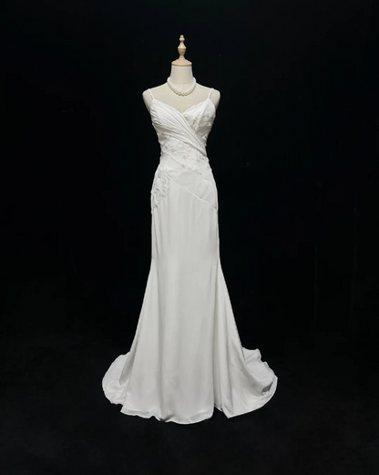 Vintage Bridal Dress Mermaid Spaghetti Straps Chiffon Beads White Long Wedding Dress Retro Wedding Dresses Modest Wedding Gowns DH2679