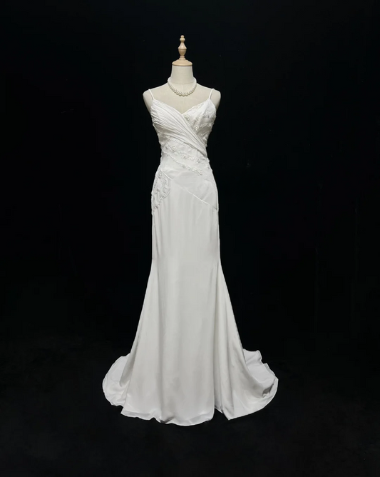 Vintage Bridal Dress Mermaid Spaghetti Straps Chiffon Beads White Long Wedding Dress Retro Wedding Dresses Modest Wedding Gowns DH2679