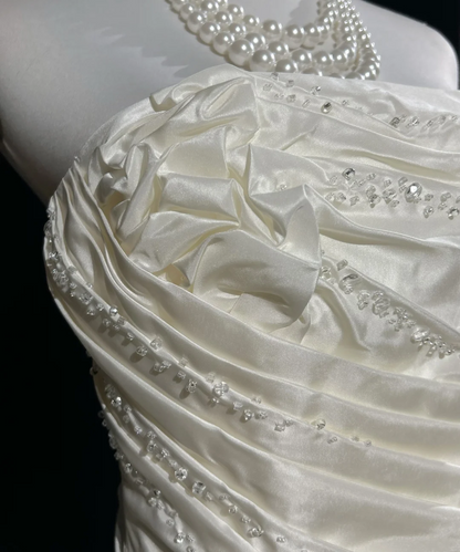 Vintage Bridal Dress Ball Gown Strapless Satin Ivory Long Wedding Dress Retro Wedding Dresses Modest Wedding Gowns DH2680