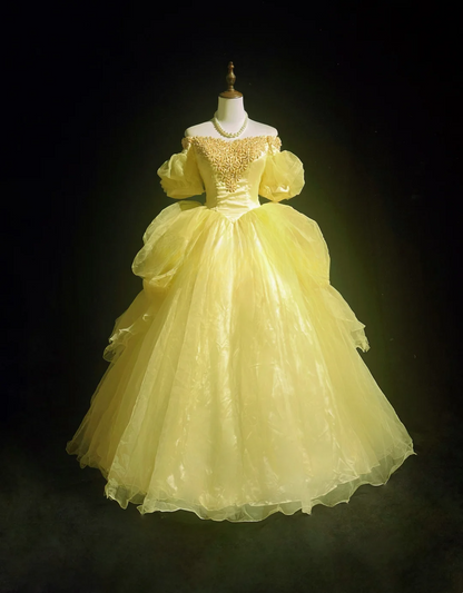 Pretty Ball Gown Square Neck Yellow Tulle Long Floral Quinceanera Dress Formal Gowns Sweet 17 Dresses Vestido De 15 Anos Sweet 16 Dress DH2683