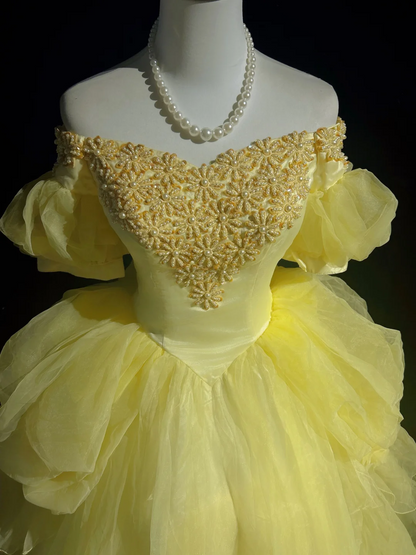 Pretty Ball Gown Square Neck Yellow Tulle Long Floral Quinceanera Dress Formal Gowns Sweet 17 Dresses Vestido De 15 Anos Sweet 16 Dress DH2683