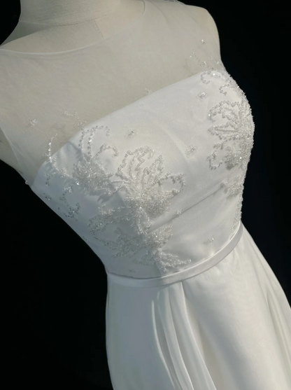 Vintage Bridal Dress A line Scoop Neck Chiffon Beads White Short Second Wedding Dress Retro Wedding Dresses Modest Wedding Gowns DH2685