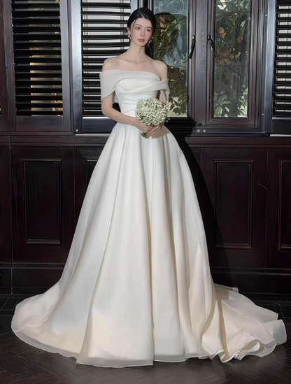 Elegant Off Shoulder A-Line Tulle Long Wedding Dress Simple Bridal Gowns DH2685