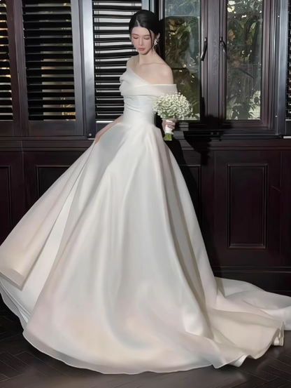 Elegant Off Shoulder A-Line Tulle Long Wedding Dress Simple Bridal Gowns DH2685
